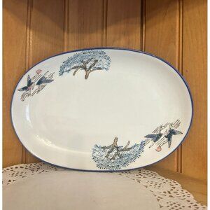 Vintage Porcelain Flying Cranes Oval Serving Dish Small Platter Blue White